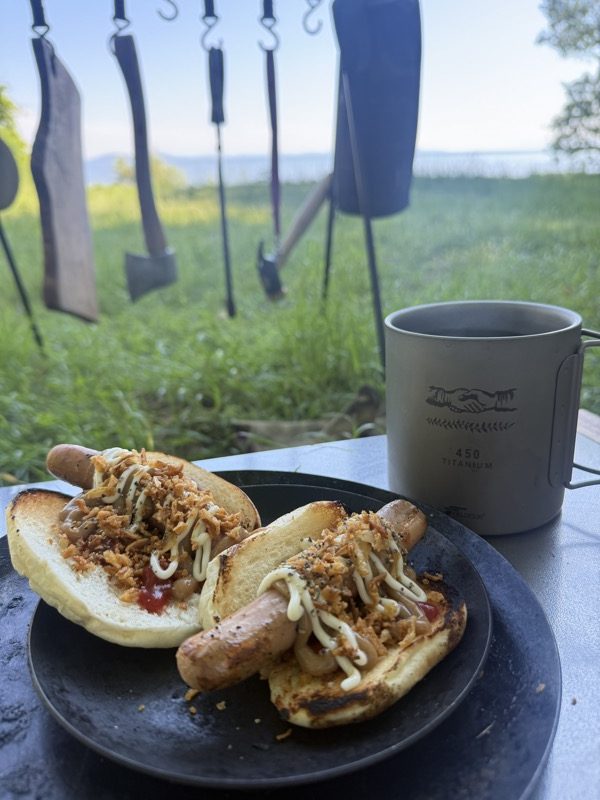 フライドオニオンをのせたホットドッグ