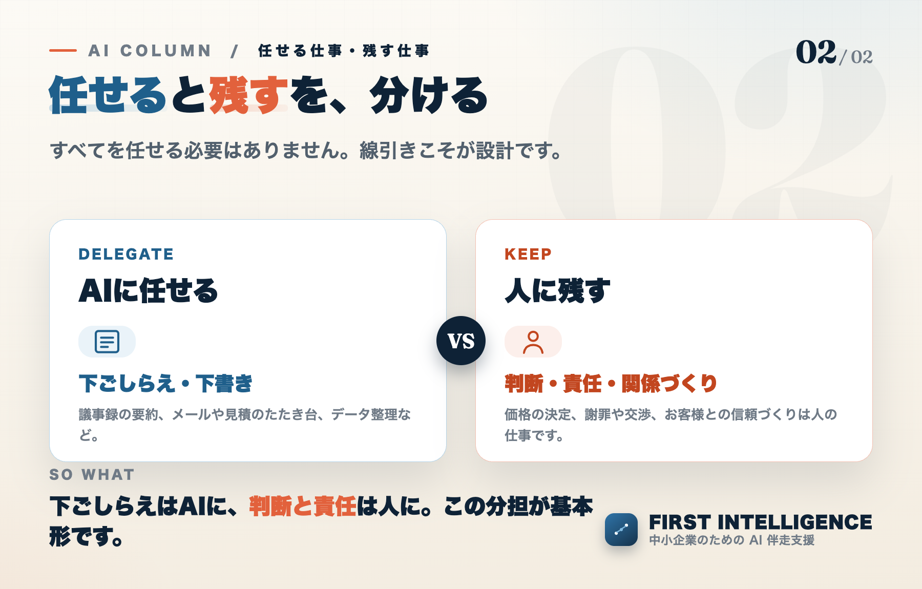 AIに任せる仕事と人に残す仕事の分担。下ごしらえ・下書きはAIに、判断・責任・関係づくりは人に。