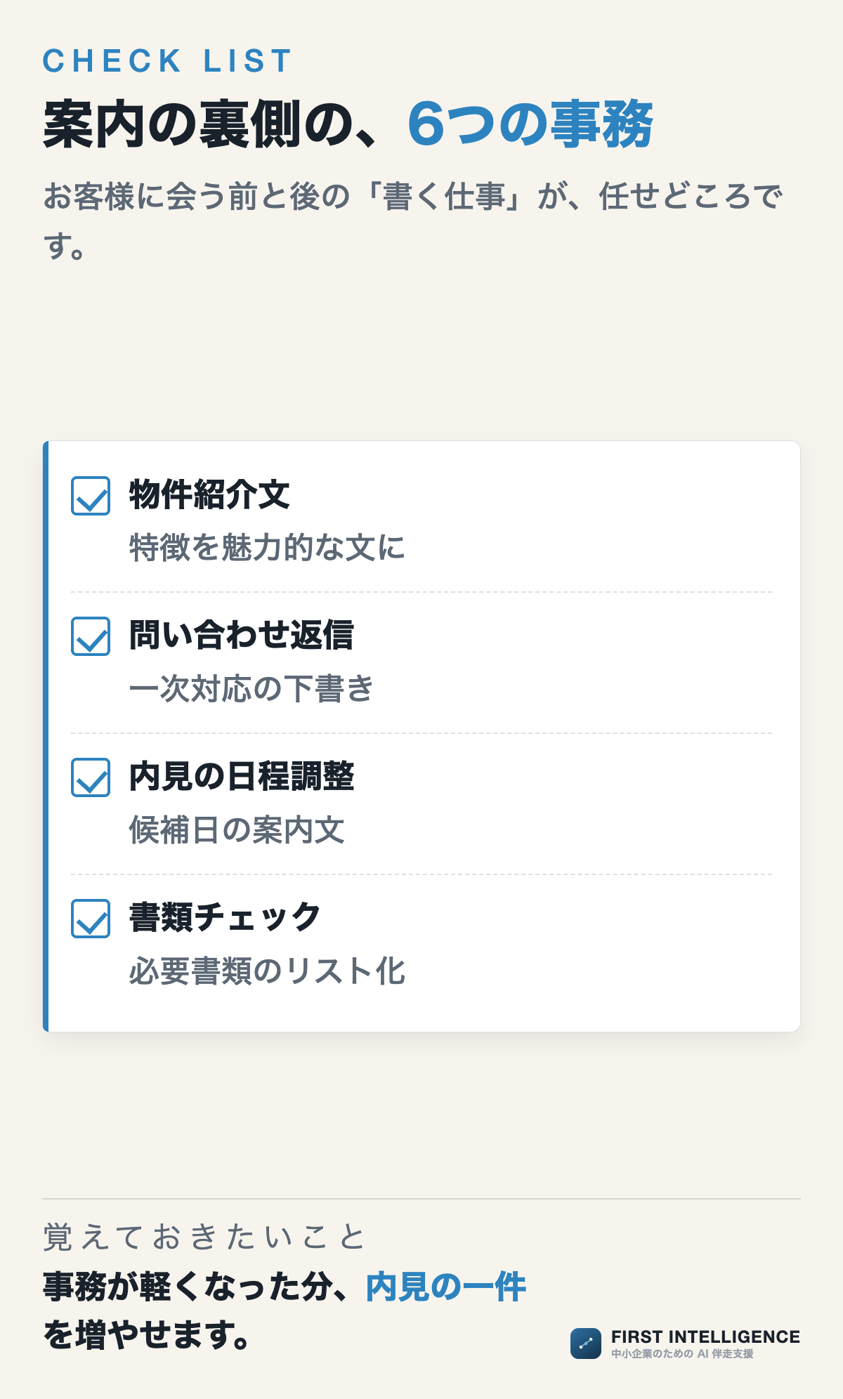 案内の裏側の、6つの事務（チェックリスト）。物件紹介文、問い合わせ返信、内見の日程調整、書類チェック、周辺情報まとめ、SNS・ブログ。
