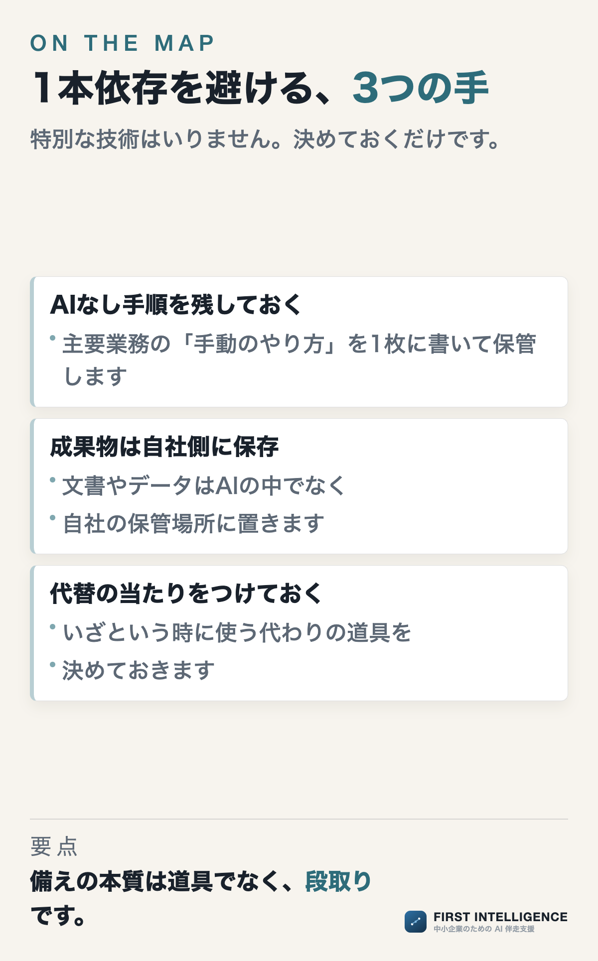 1本依存を避ける、3つの手（地域別の一覧）。AIなし手順を残しておく、成果物は自社側に保存、代替の当たりをつけておく。