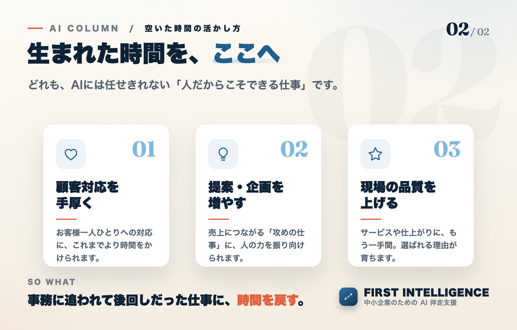 AIで空いた時間の活かし方3つ。顧客対応を手厚くする、提案や企画を増やす、現場の品質を上げる。どれも人にしかできない仕事。