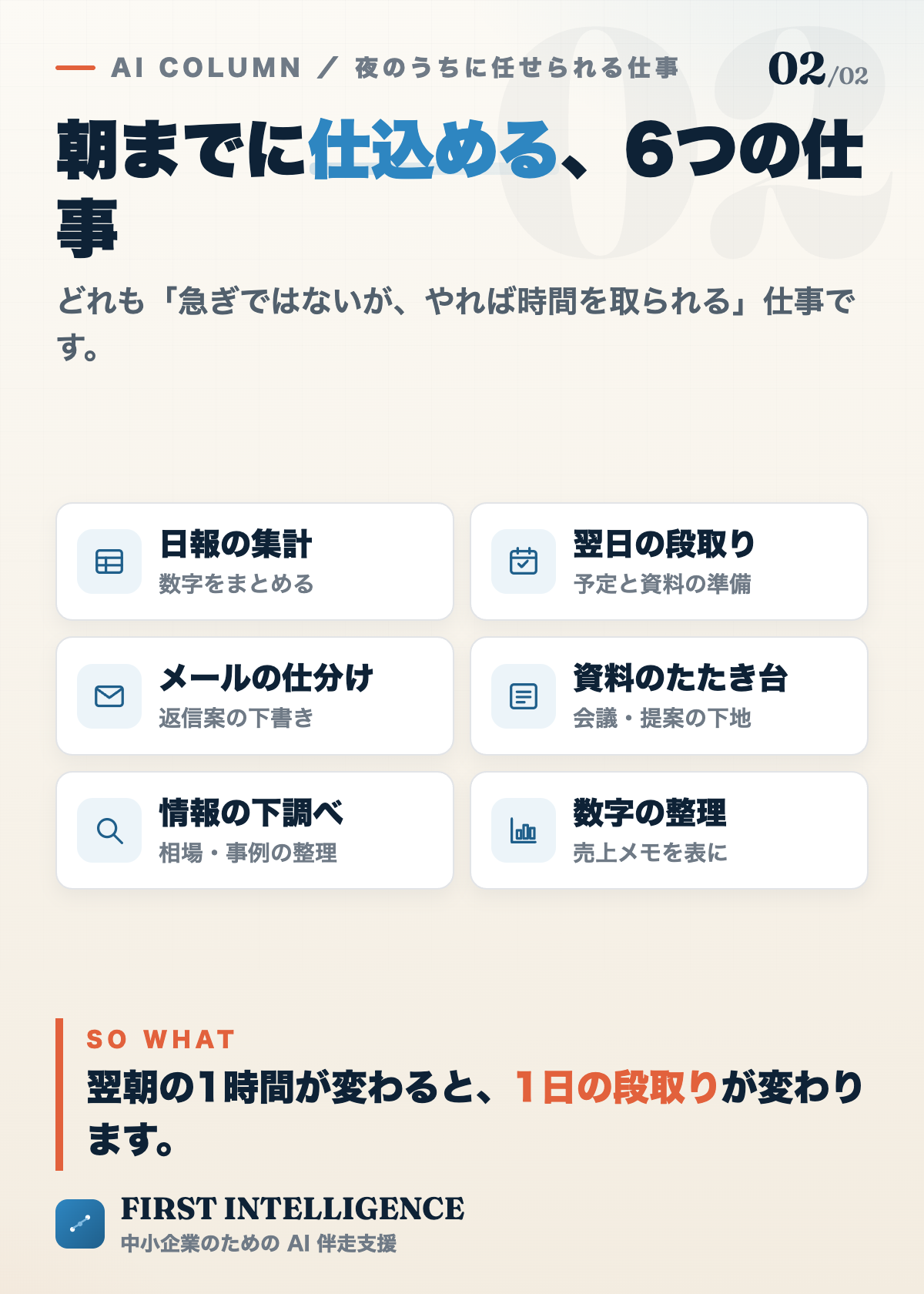 夜のうちにAIへ任せられる6つの仕事。日報の集計、翌日の段取り、メールの仕分け、資料のたたき台、情報の下調べ、数字の整理。