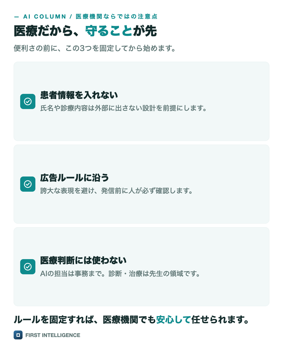 医療だから、守ることが先をチェックリストで示した図。患者情報を入れない・広告ルールに沿う・医療判断には使わない。