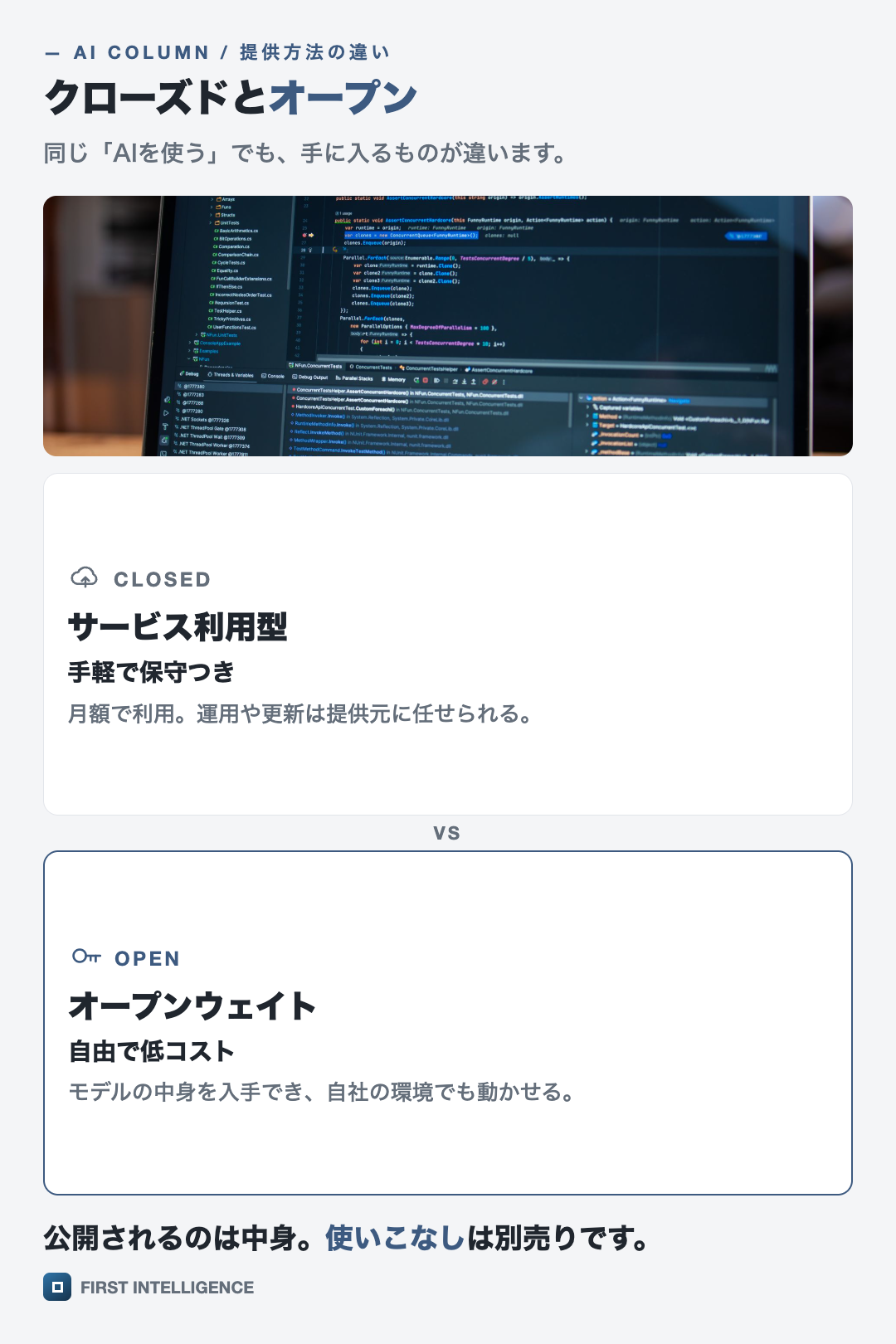 写真つきで、クローズドとオープンを上下2枚の比較で示した図。サービス利用型・オープンウェイト。