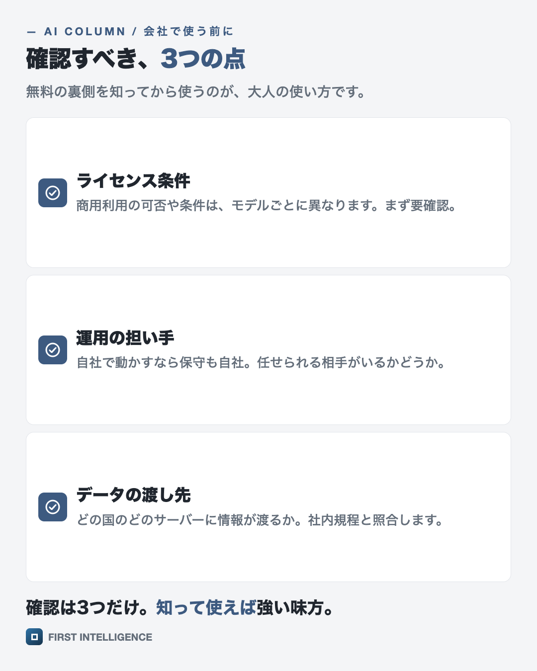 確認すべき、3つの点をチェックリストで示した図。ライセンス条件・運用の担い手・データの渡し先。